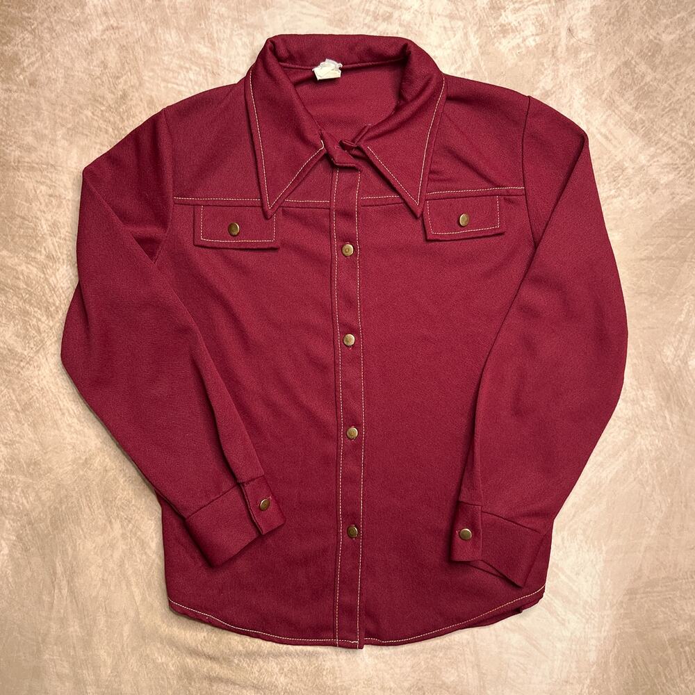 Vintage 70s Dagger Collar Polyester Western Shirt Jacket Burgundy Cowboy Leisure